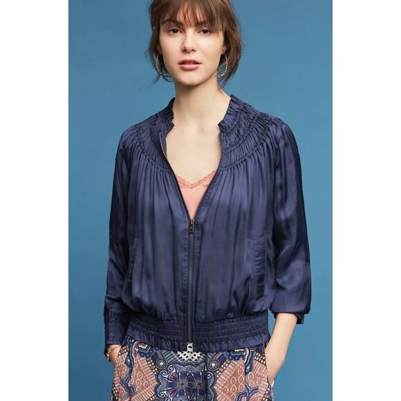 Love Sam Blue Alexe Bomber Jacket Floral Embroidered V-Neck Zip Size Medium M - Picture 2 of 12